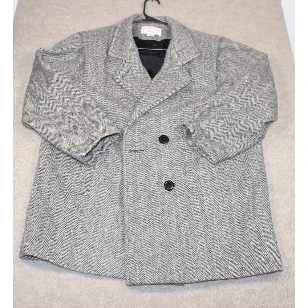 Winter Time by Herman Kay Grey Herringbone Double Breasted Pea Coat Jacket